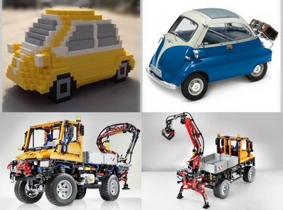 上圖為樂(lè)高按1:3比例拼搭的寶馬經(jīng)典微車 Isetta，下圖為樂(lè)高拼砌的奔馳 Unimog U 400工程車。