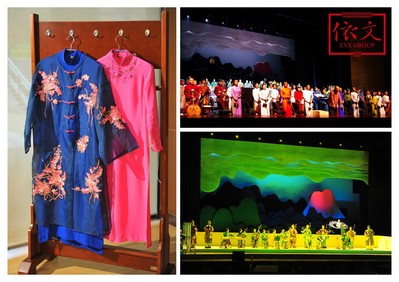 媒體見面會現(xiàn)場，演奏家們身穿依文集團特別設計的演出服飾表演《印象.國樂》精彩片段